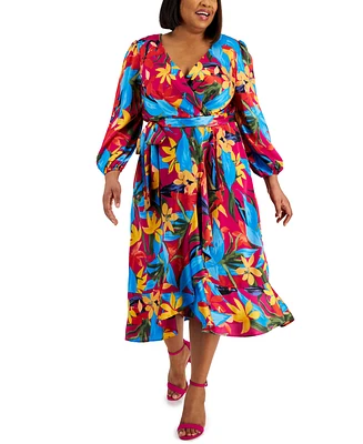 Tahari Plus Printed Long-Sleeve Satin Faux-Wrap Dress