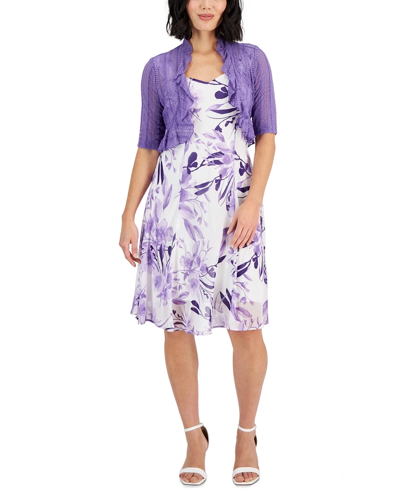 Connected Petite Ruffled Jacket & Printed Sweetheart-Neck Dress