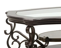 Cocktail Table, Glass table top, Mdf W/marble paper middle shelf, powder coat finish metal legs. (52"Lx32"Wx20"H)