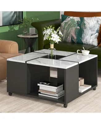 Simplie Fun Modern 2-Layer Coffee Table With Casters, Square Cocktail Table With Removable Tray
