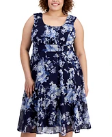 Connected Plus Printed Ruched-Bodice Sleeveless Dress