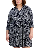 Robbie Bee Plus Printed Collared 3/4-Sleeve Dress