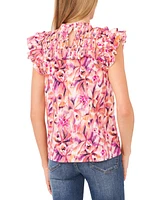 CeCe Women's Printed Cotton Ruffled Smocked-Yoke Blouse