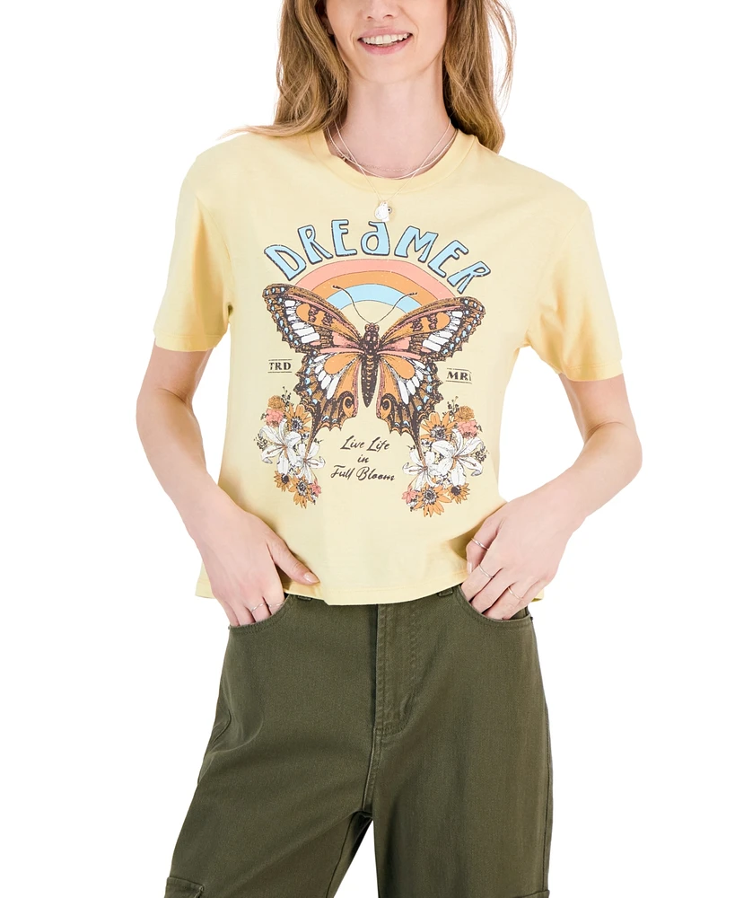 Rebellious One Juniors' Dreamer Butterfly Graphic T-Shirt