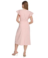 Dkny Women's Flutter-Sleeve Tie-Waist Faux-Wrap Dress