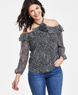 I.n.c. International Concepts Petite Printed Cold-Shoulder Rosette Blouse, Created for Macy's