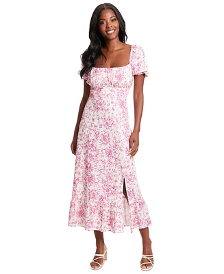 London Times Petite Floral-Print Puff-Sleeve Maxi Dress