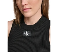 Calvin Klein Jeans Women's Ribbed Angled-Hem Cropped Logo Top