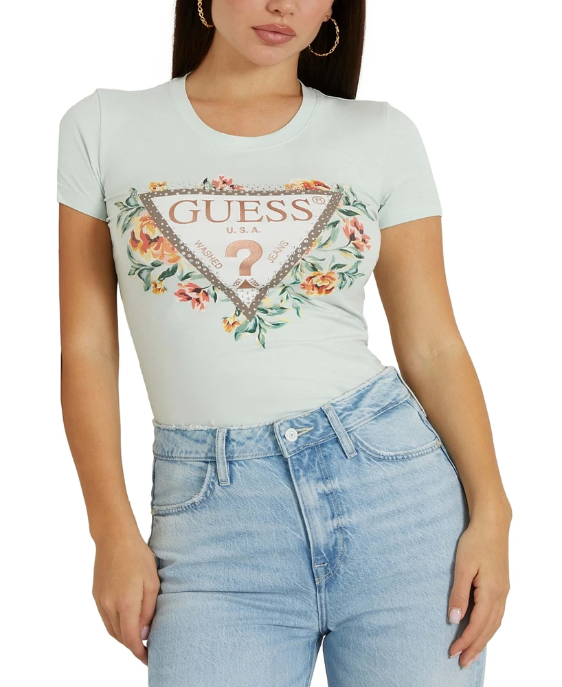 Guess Women's Triangle Floral Logo Embellished T-Shirt