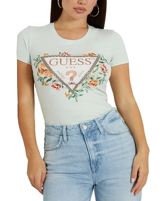 Guess Women's Triangle Floral Logo Embellished T-Shirt