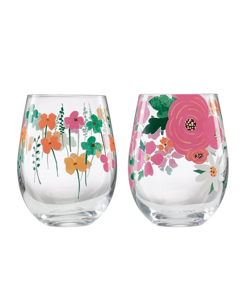 Cambridge Floral Bright Stemless Wine Glasses, Set of 2