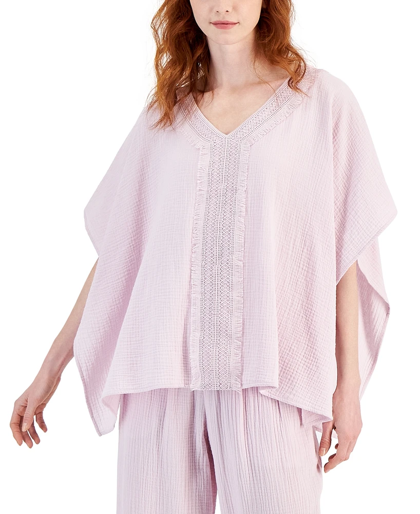 Jm Collection Women's Lace-Trim V-Neck Gauze Poncho Top, Created for Macy's