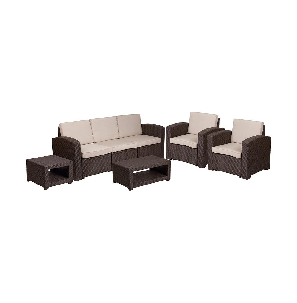 Errol 5 Piece Faux Rattan Patio Set - 2 Chairs And Sofa With Removable Cushions, Coffee Table And End Table