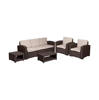 Errol 5 Piece Faux Rattan Patio Set - 2 Chairs And Sofa With Removable Cushions, Coffee Table And End Table