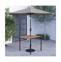 Square Faux Teak Outdoor Dining Table With Powder Coated Steel Frame, 9' Adjustable Umbrella And Base