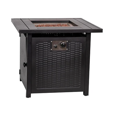 Calder 50,000 Btu Propane Fire Table With Wicker Motif Steel Base And Steel Tabletop With Included Lid, Lava Rocks, And Tank Holder