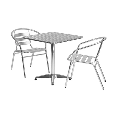 27.5'' Square Aluminum Indoor-Outdoor Table Set With 2 Slat Back Chairs