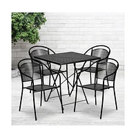 Commercial Grade 28" Square Metal Folding Patio Table Set W/ 4 Round Back Chairs