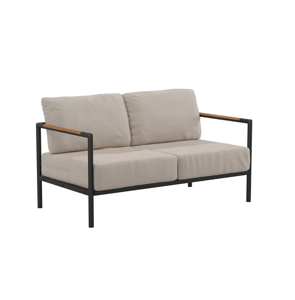 Eastport Outdoor Loveseat With Removable Plush Fabric Cushions And Teak Accented Aluminum Frame