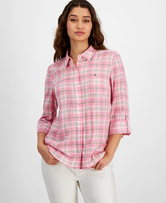 Tommy Hilfiger Women's Plaid Parker Roll-Tab-Sleeve Button-Down Top