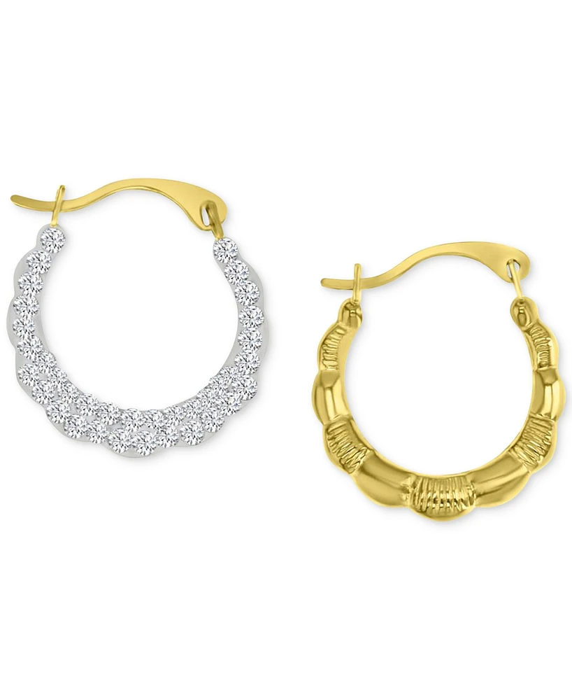 Crystal Pave Scallop Edge Small Hoop Earrings in 10k Gold, 0.59"