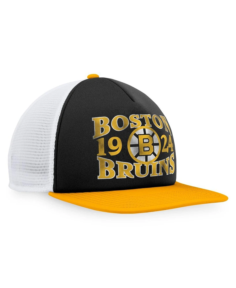 Men's Fanatics Black, Gold Distressed Boston Bruins Heritage Vintage-Like Foam Front Trucker Snapback Hat