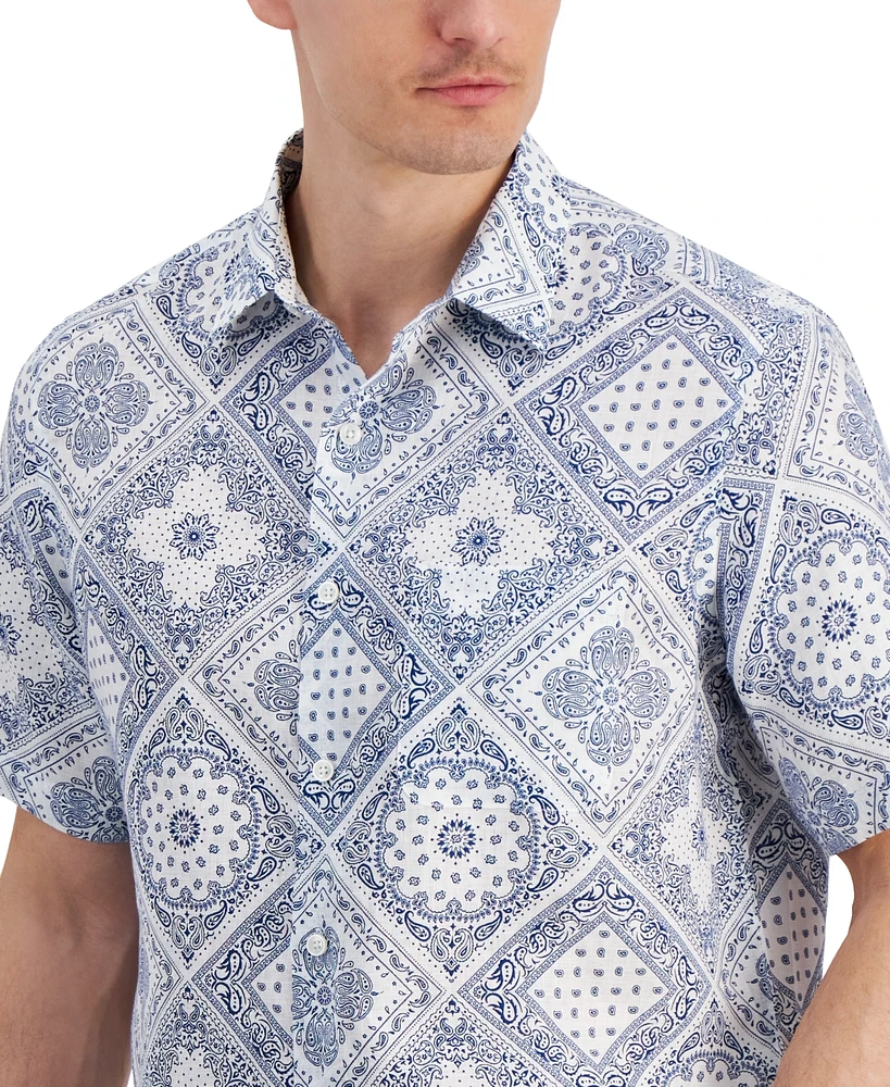 Club Room Men's Linen Bandana-Print Short-Sleeve Shirt, Created for Macy's