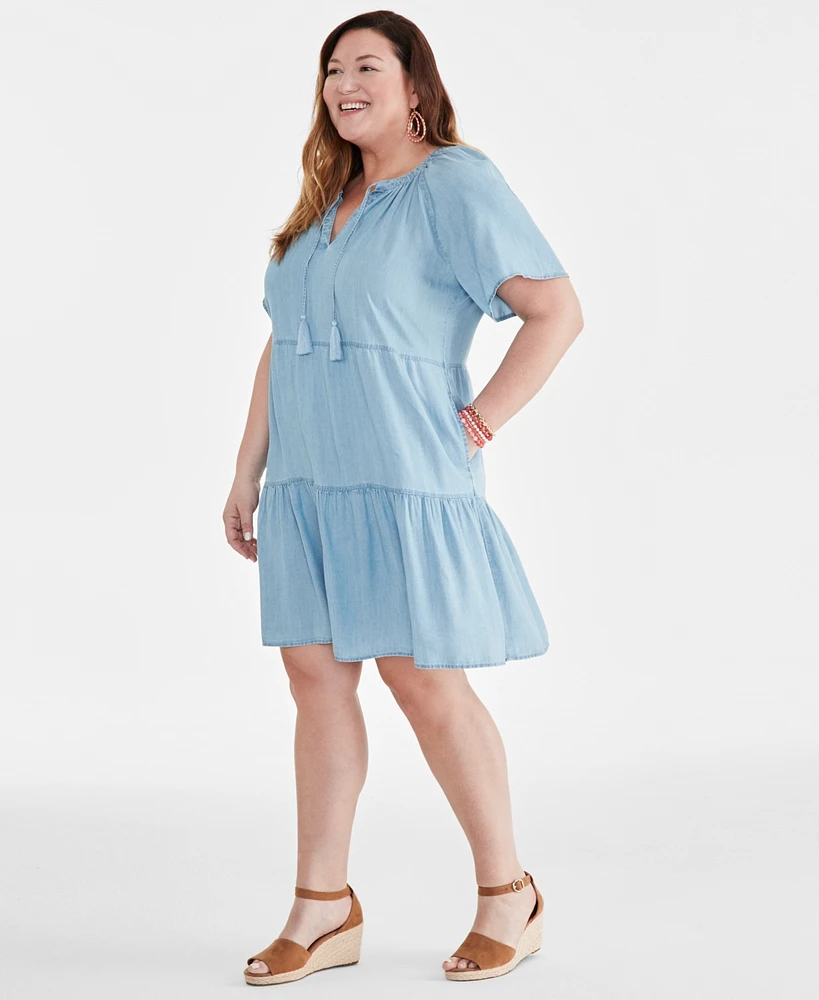 Style & Co Plus Split-Neck Flutter-Sleeve Chambray Swing Dress, Created for Macy's