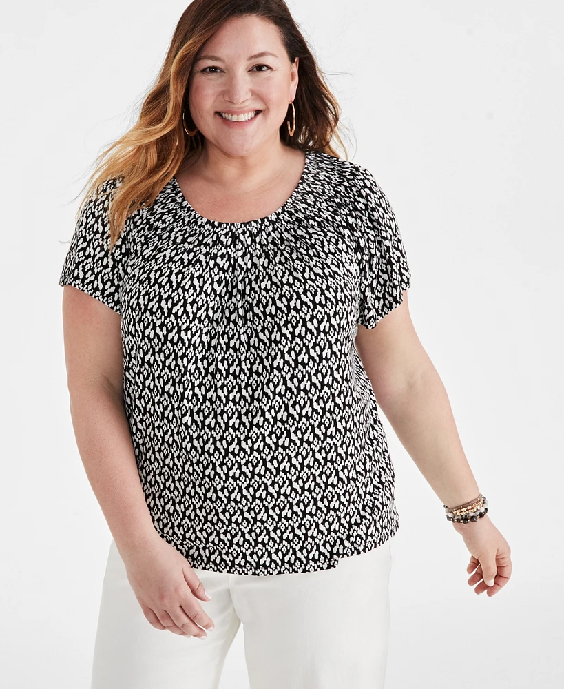 Style & Co Plus Size Printed Pleat-Neck Flutter-Sleeve Top, Created for Macy's