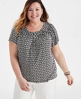 Style & Co Plus Size Printed Pleat-Neck Flutter-Sleeve Top, Created for Macy's