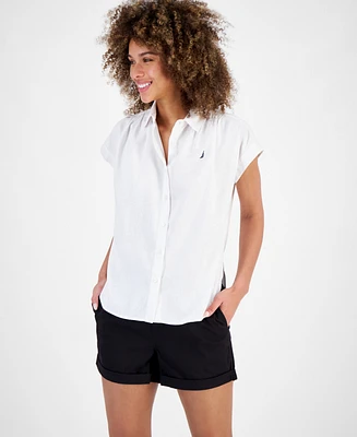Nautica Jeans Women's Linen-Blend Cap-Sleeve Camp Shirt
