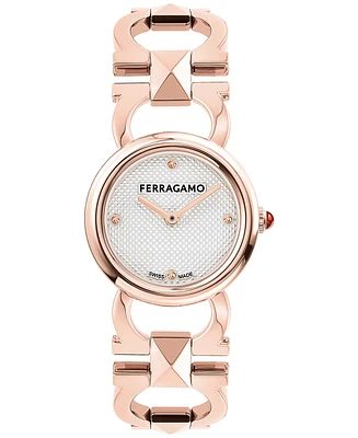 Salvatore Ferragamo Women's Swiss Rose Gold Ion Plated Stainless Steel Stud Link Bracelet Watch 25mm