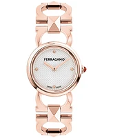 Salvatore Ferragamo Women's Swiss Rose Gold Ion Plated Stainless Steel Stud Link Bracelet Watch 25mm