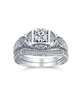 Bling Jewelry Deco Style Milgrain 1CTW Cubic Zirconia Promise Ring Set Sterling Silver