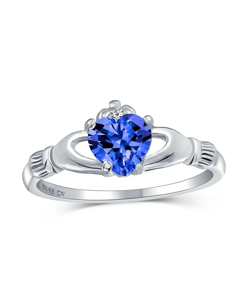 Bff Sorority Sister Solitaire Blue Simulated Sapphire Cz Celtic Irish Friendship Promise Crown Heart Claddagh Ring For Women Teen .925 Sterling Silver