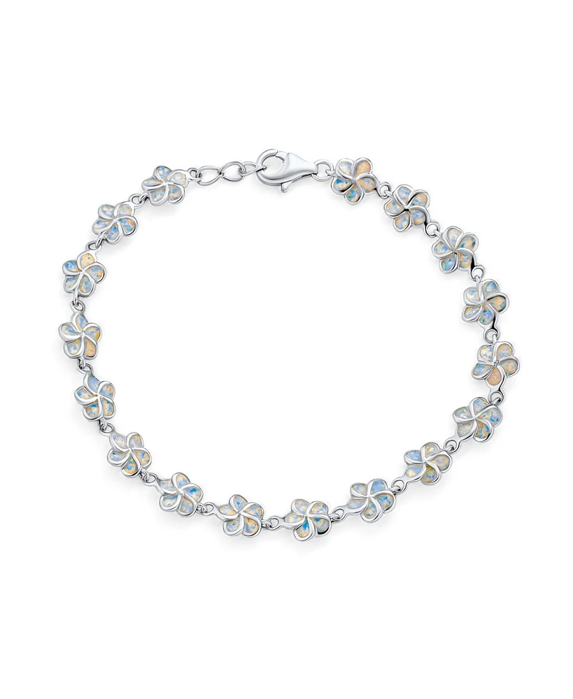 Bling Jewelry Tropical Vacation White Created Synthetic Opal Link Plumeria Hawaiian Flower Bracelet For Women Silver