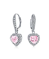 Bling Jewelry Bridal Anniversary Wedding Romantic 4CT Cz Pink Halo Heart Shaped Cubic Zirconia Dangle Lever back Earrings Girlfriend Invisible Cut Rho