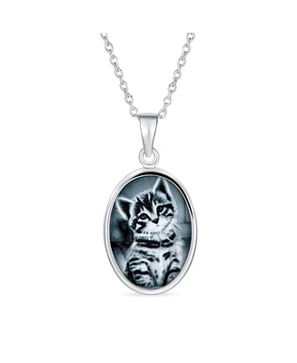 Simulated Black Onyx Sitting Two Tone Kitten Kitty Cat Portrait Cameo Pendant Necklace For Women Teen .925 Sterling Silver