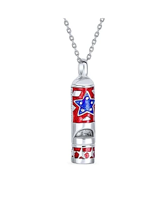 Back to School Red White Blue Enamel American Usa Patriotic Red White Blue Star Flag Whistle Necklace Pendant for Teens Women Rhodium Plated Brass
