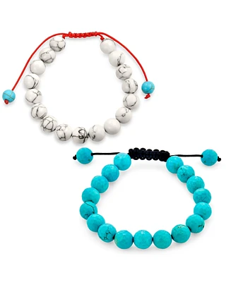 Bling Jewelry Set Of Two Blue Turquoise White Natural Howlite Shamballa Inspired Stackable 10MM Bead Bracelet Men Red Cord String Adjustable