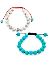 Bling Jewelry Set Of Two Blue Turquoise White Natural Howlite Shamballa Inspired Stackable 10MM Bead Bracelet Men Red Cord String Adjustable