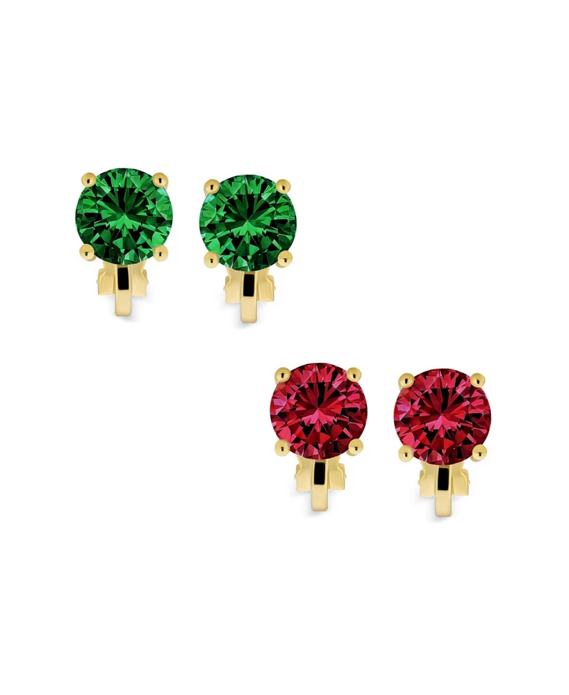 Bling Jewelry 2CT Brilliant Cut Set of 2 Simulated Emerald Green Ruby Red Solitaire Round Cubic Zirconia Cz Clip On Stud Earrings Non Piercing Brass