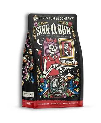 Bones Coffee Whole Bean Coffee | 12 oz Medium Roast Arabica Low Acid Flavored Coffee | Cinnamon Roll Flavor Company