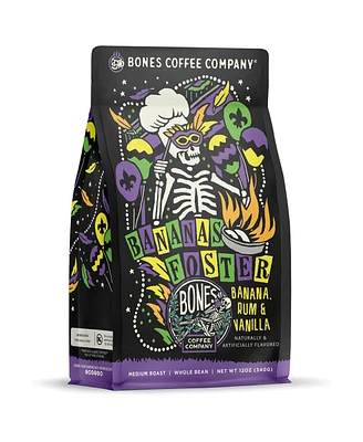 Bones Coffee Ground Coffee | 12 oz Medium Roast Arabica Low Acid Flavored Coffee | Banana, Rum & Vanilla Flavor Company