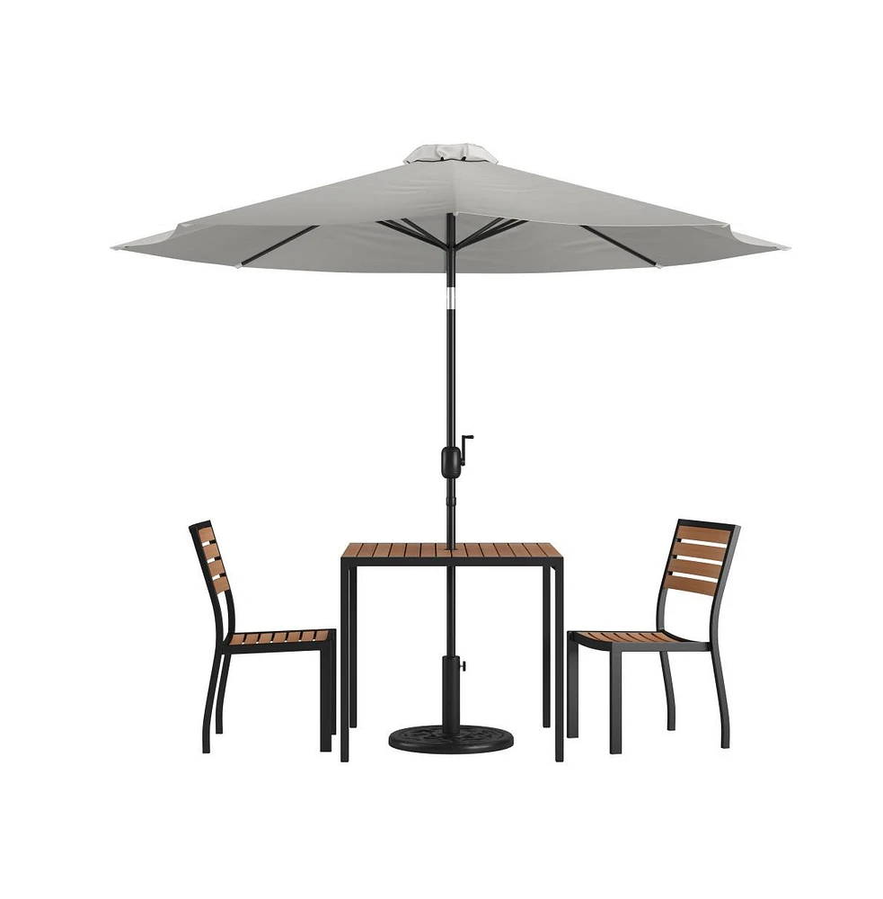 Forrest Five Piece Faux Teak Patio Dining Set - Table, Two Armless Stacking Club Chairs, 9' Gray Umbrella And Base