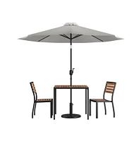 Forrest Five Piece Faux Teak Patio Dining Set - Table, Two Armless Stacking Club Chairs, 9' Gray Umbrella And Base