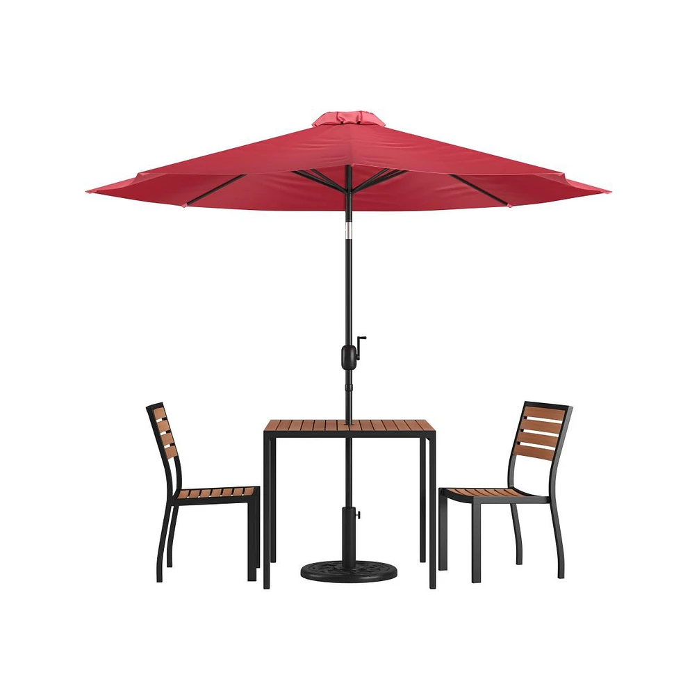 Forrest Five Piece Faux Teak Patio Dining Set - Table, Two Armless Stacking Club Chairs, 9' Gray Umbrella And Base