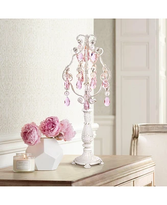 Traditional Chandelier Accent Table Lamp 19 1/2" High Antique White Pink Clear Faux Crystal Candelabra Decor for Living Room Bedroom House Bedside Nig