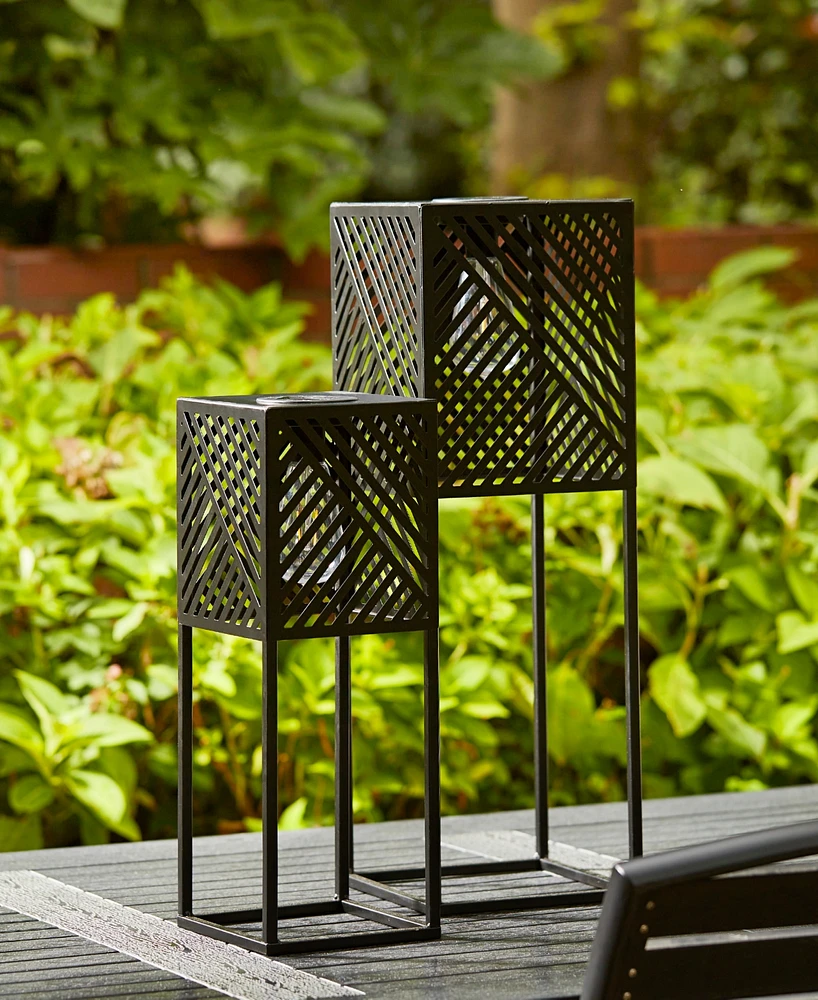 Glitzhome 23.75" H, 17.75" H Set of 2 Metal Stripes Geometric Solar Powered Edison Bulb Outdoor Floor Lantern or Planter Stands