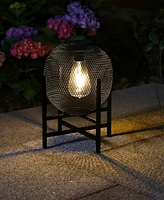 Glitzhome 11.5" H Set of 2 Metal Mesh Solar Powered Edison Bulb Outdoor Lantern with Stand